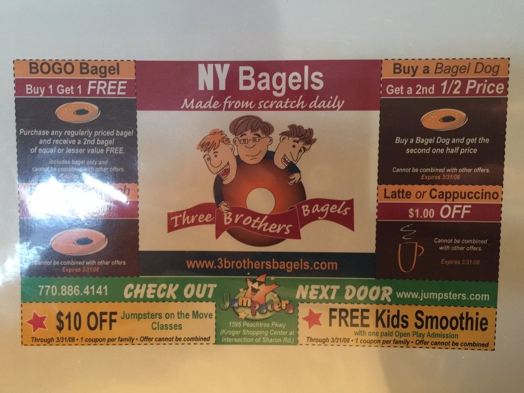 A printed flyer for Three Brothers Bagels. Jumpsters is printed along the bottom.